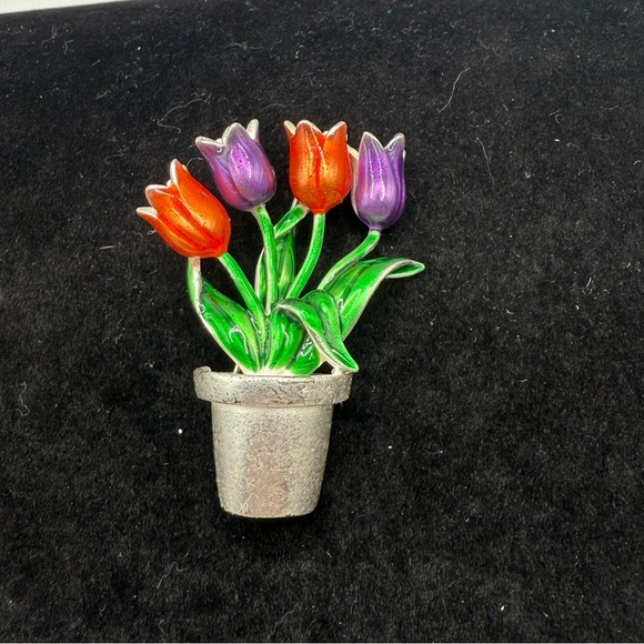 Flowerpot Brooch Pin, Tulip Potted Plant Brooch, Costume Jewelry Mid Century - Picture 1 of 2